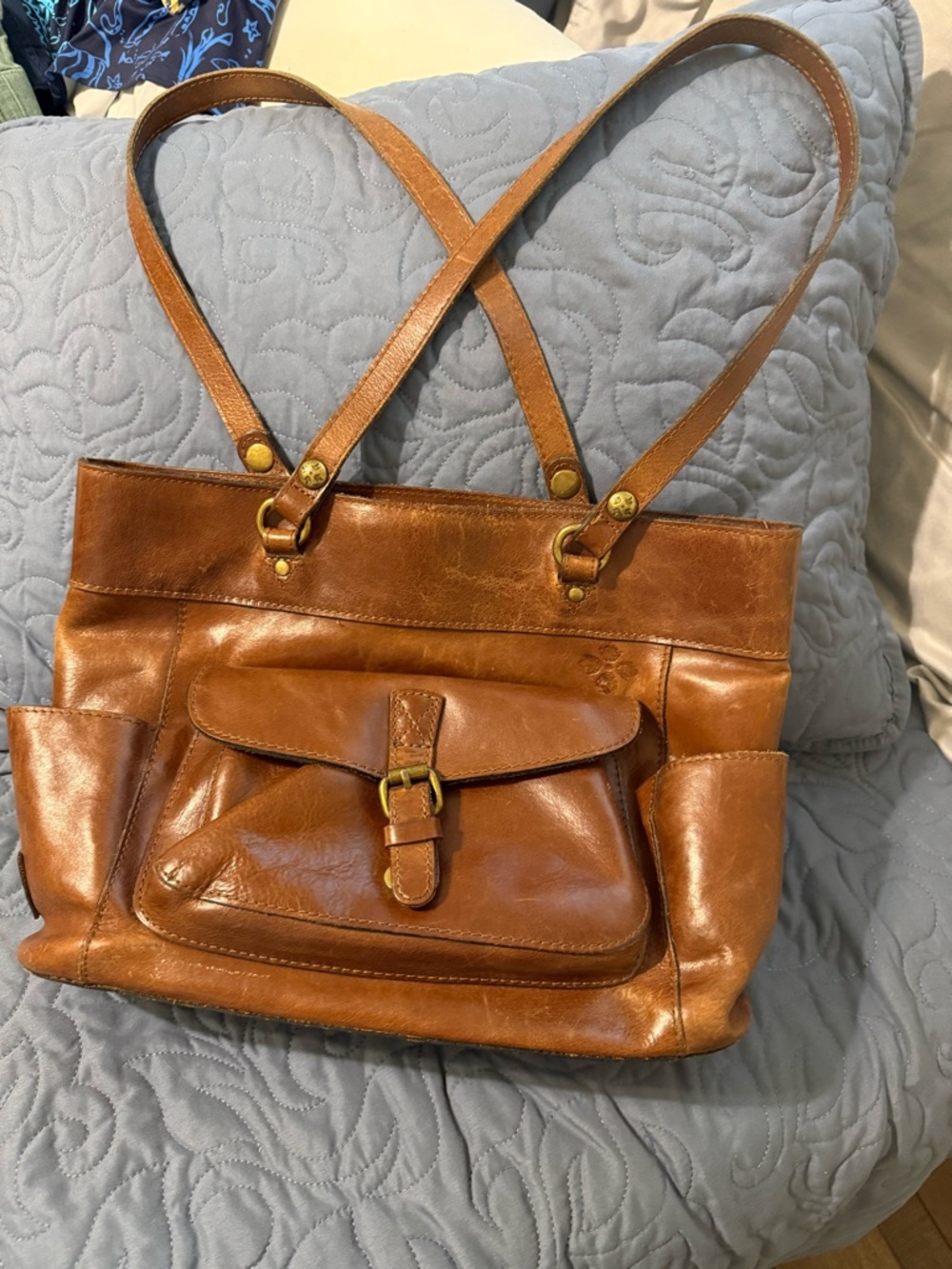 Patricia Nash Cognac Leather Shoulder Tote with Front Buckle Pocket